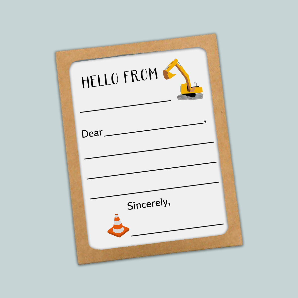 The image is a construction-themed greeting card with a construction site and a crane. The card has a blank space for a message and a blank space for a name.