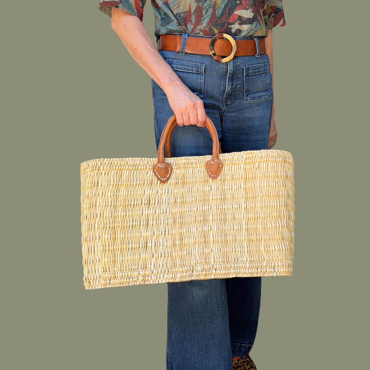 Structured Moroccan Market Basket Tote with Leather Handles