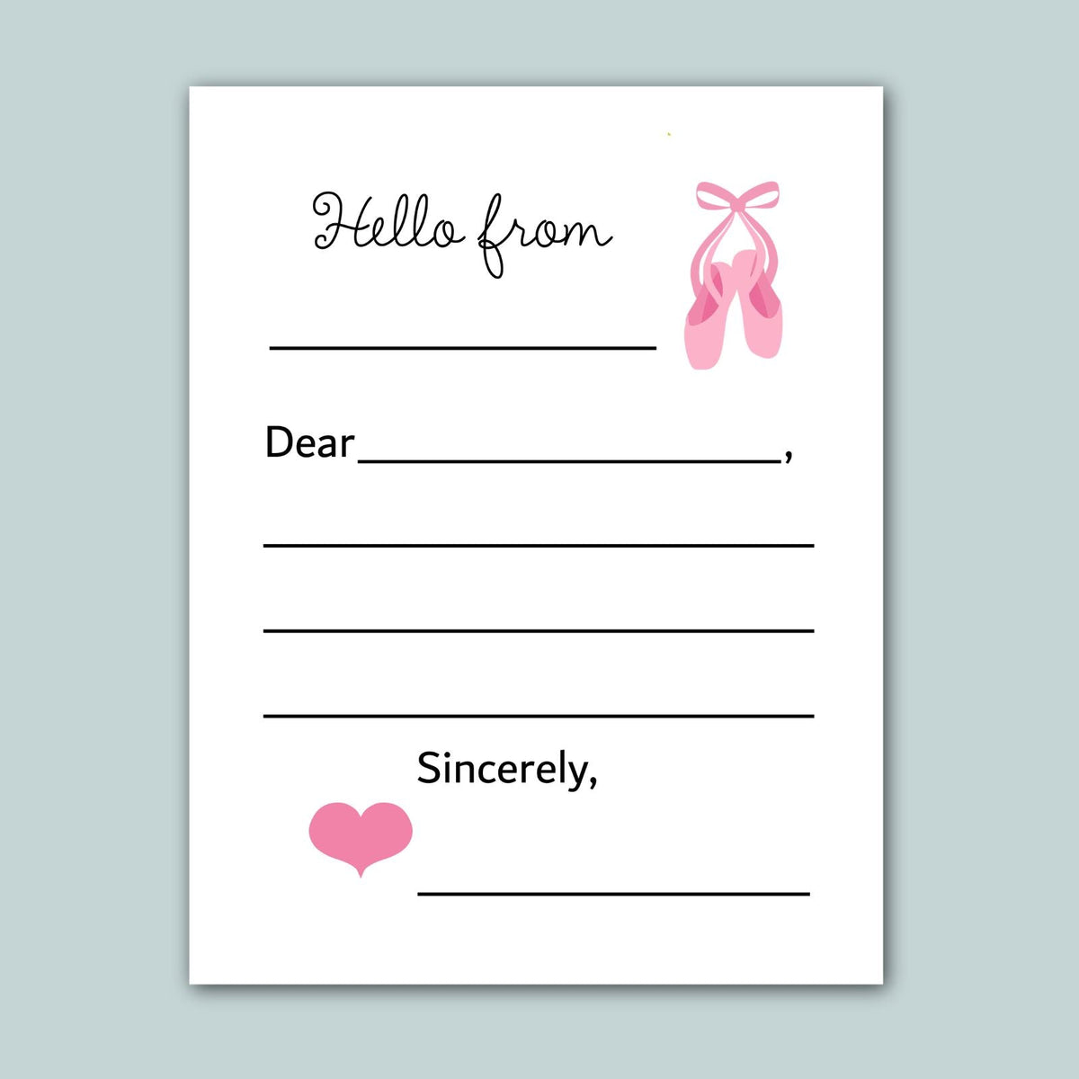 a blank letter with a pink ballet shoe illustration on the right side. The letter appears to be a handwritten message addressed to someone named Sincerely.