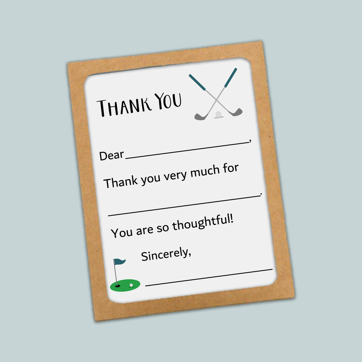 The image is a framed thank you card with a golf-themed design.
