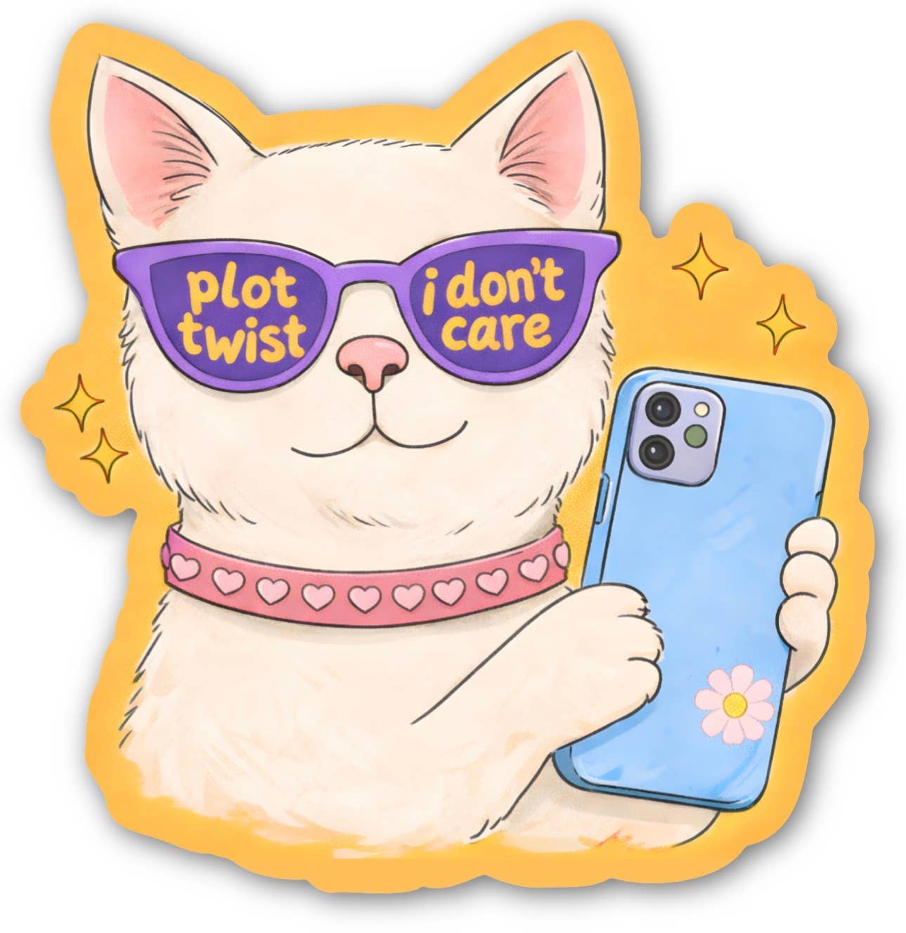 Cartoon cat wearing sunglasses with text and holding a phone on a white background