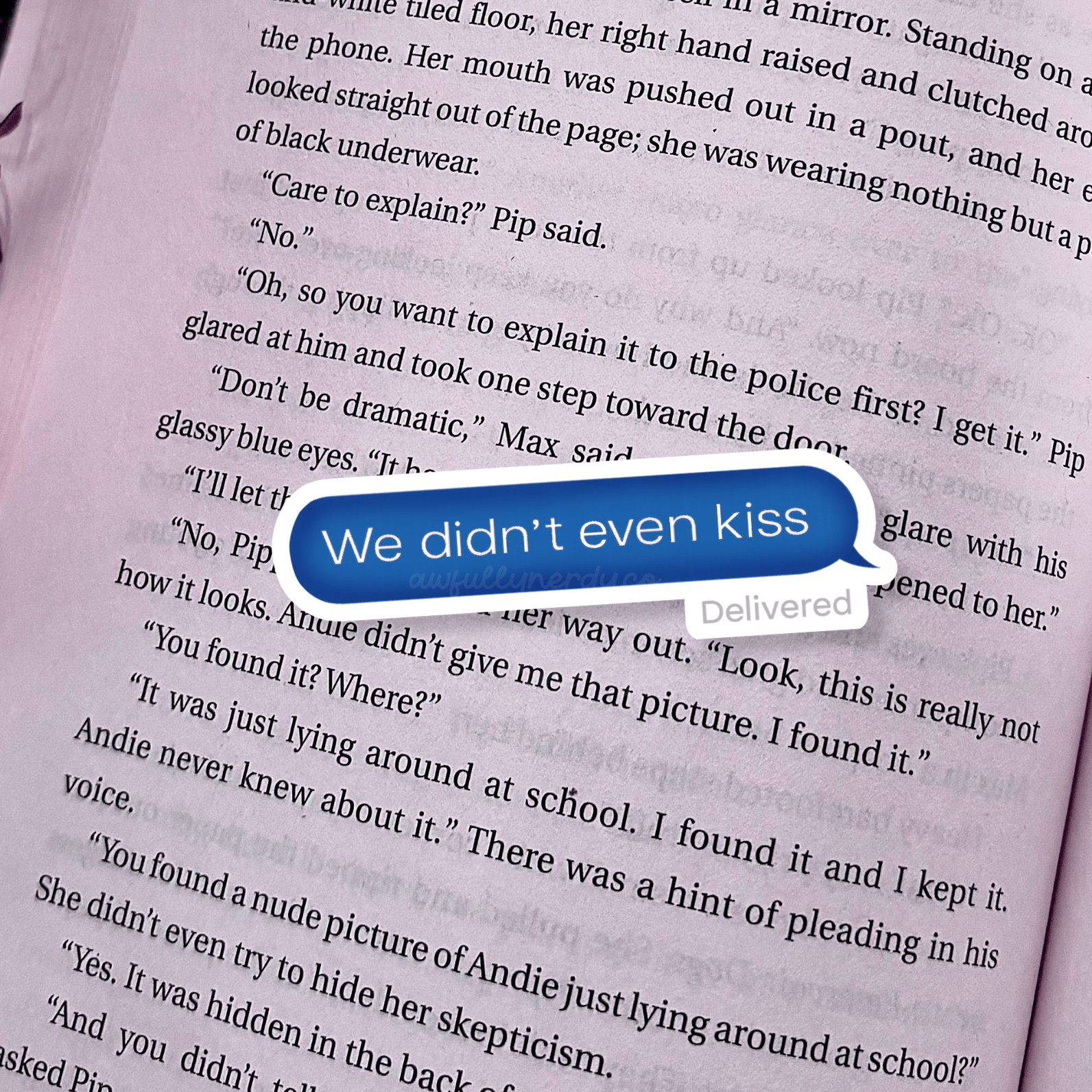 Text message bubble on a book page with text &