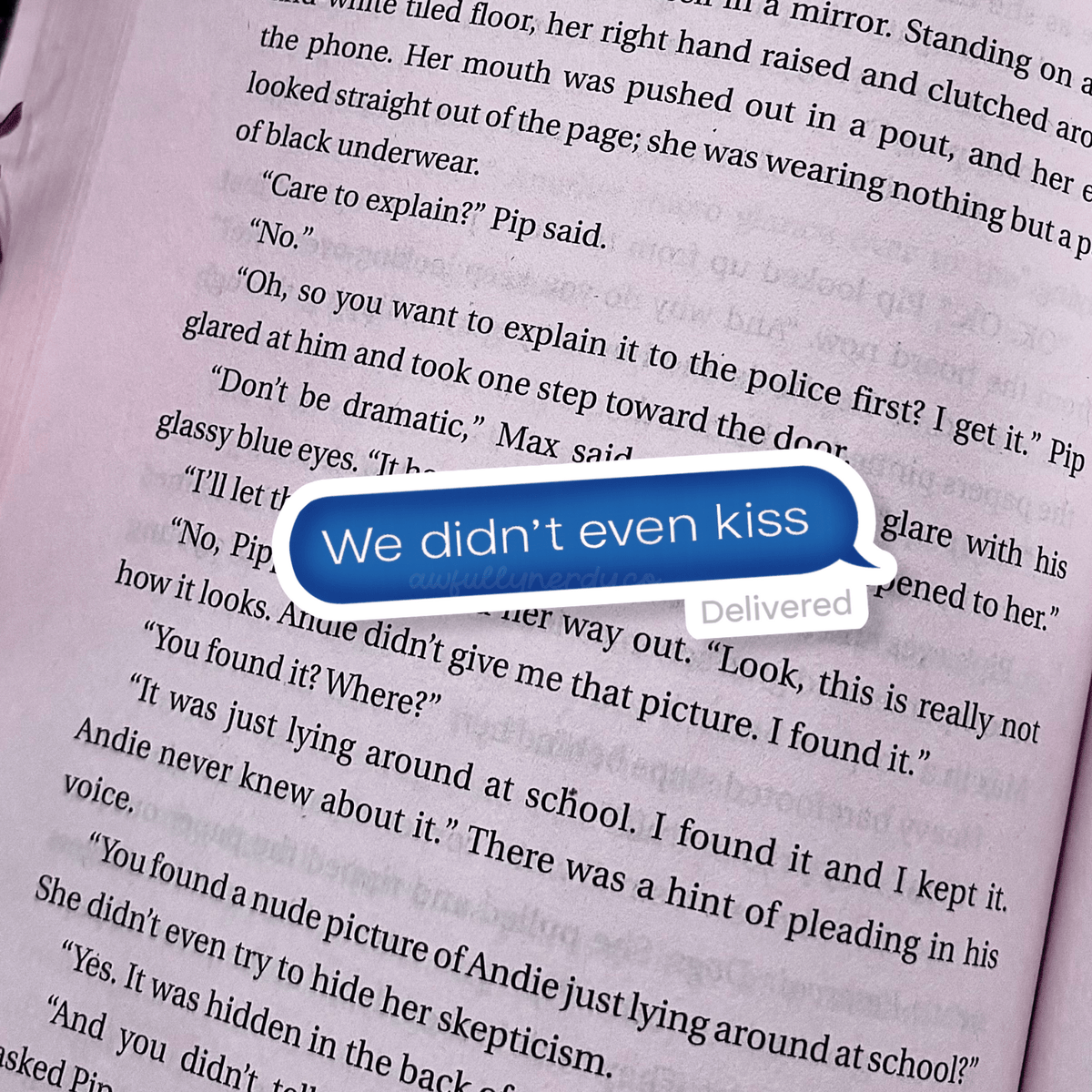 Text message bubble on a book page with text &