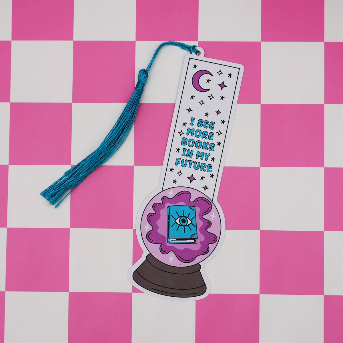Bookmark with tarot card design on a pink and white checkered background
