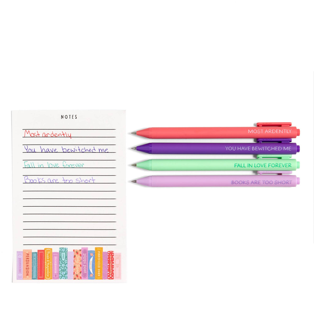 Notepad with colorful pens and printed text on a white background