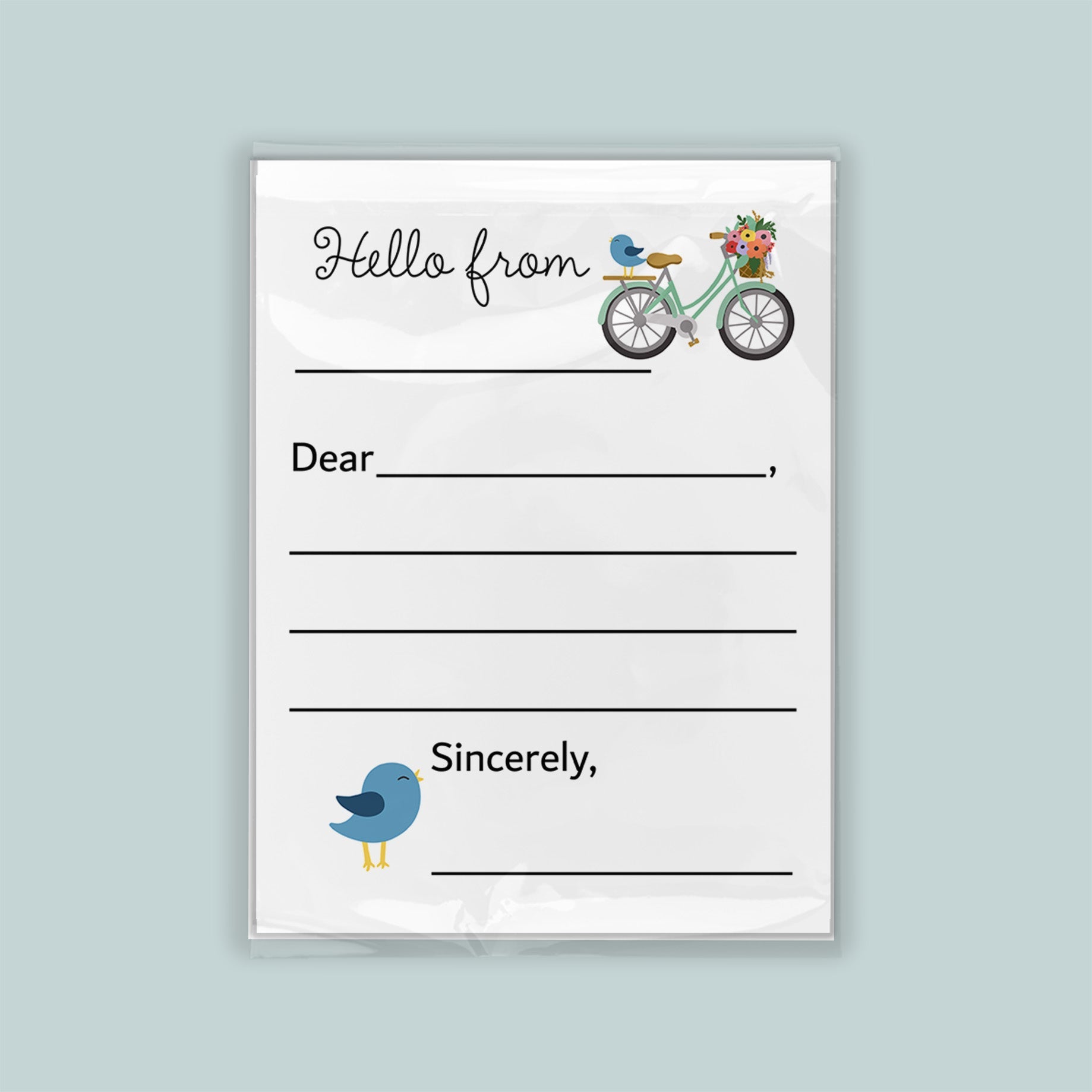 The image is a blank letterhead with a bicycle illustration and a bird illustration. The letterhead has a blank space for the recipient&
