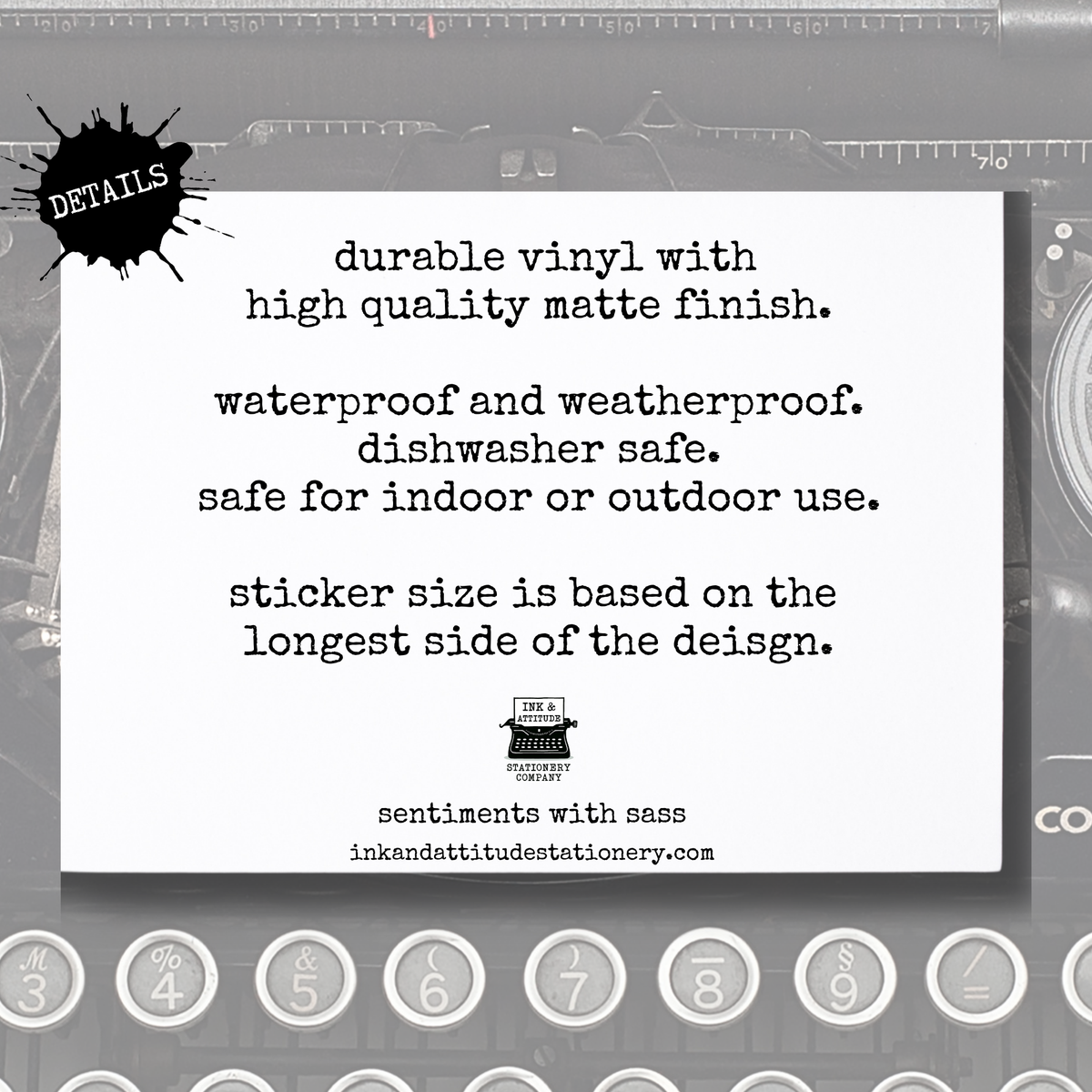Text card with product details on a gray background