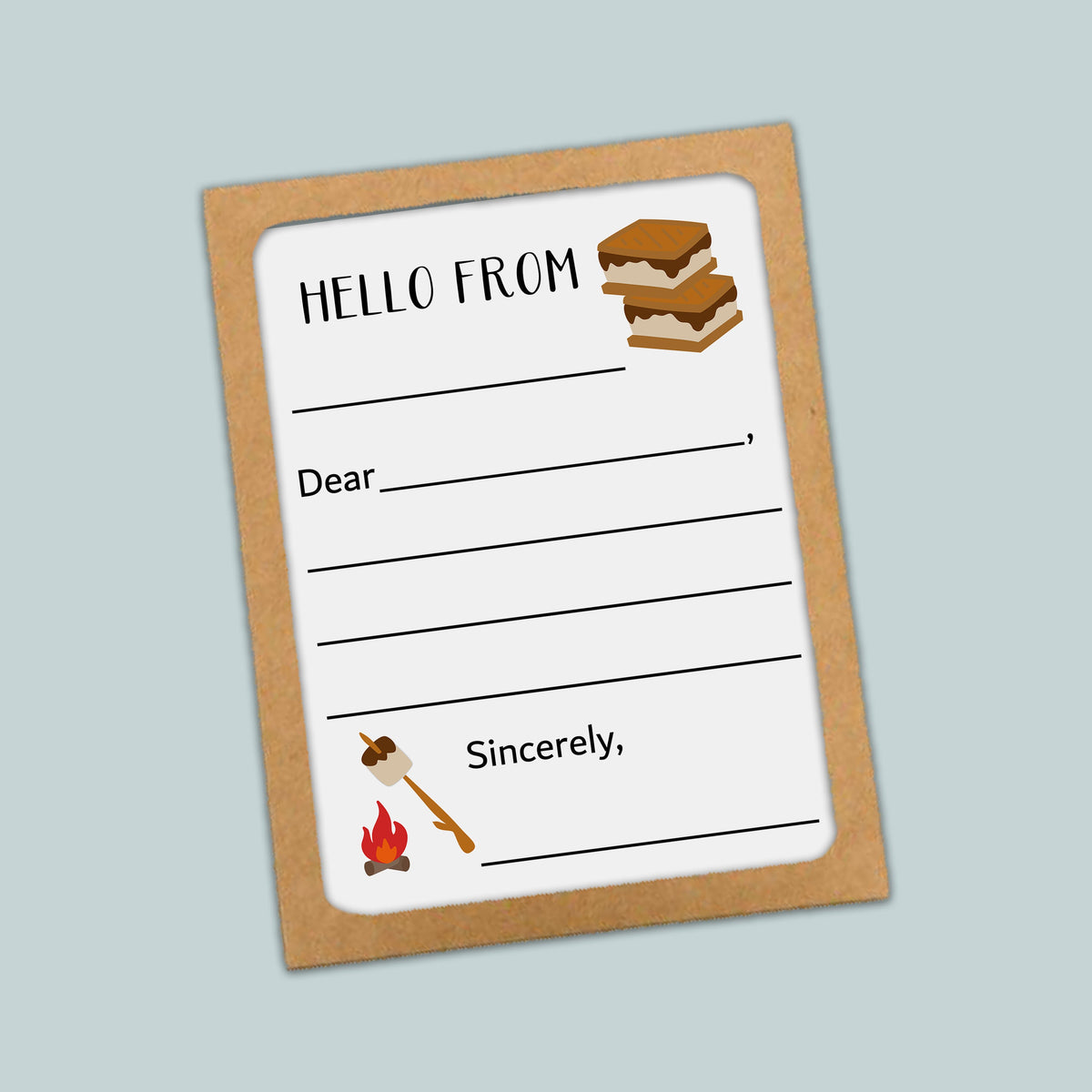 The image is a greeting card with a brown frame and a white background. The card has a message that reads "Hello from" and includes a picture of a sandwich and a campfire.