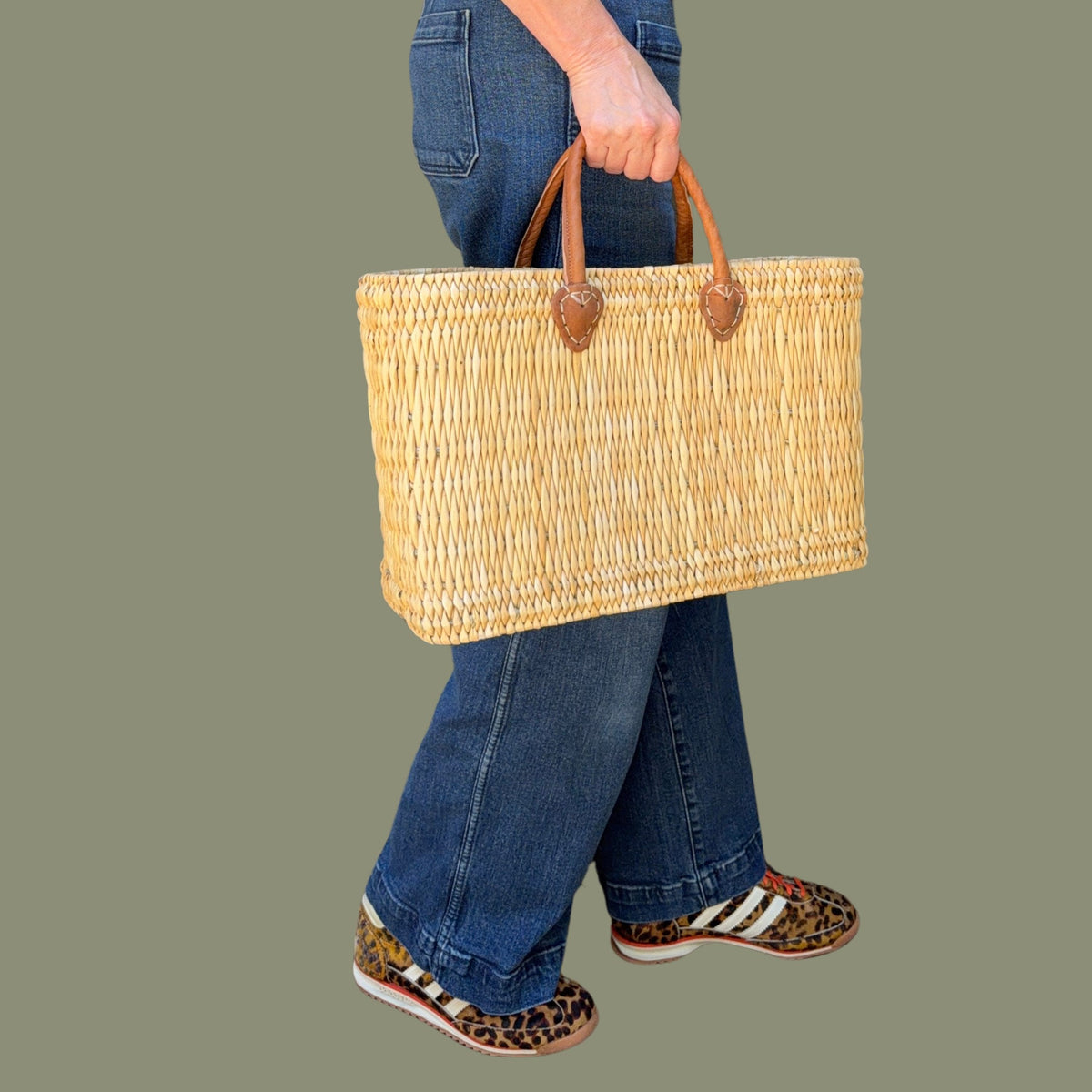 Structured Moroccan Market Basket Tote with Leather Handles