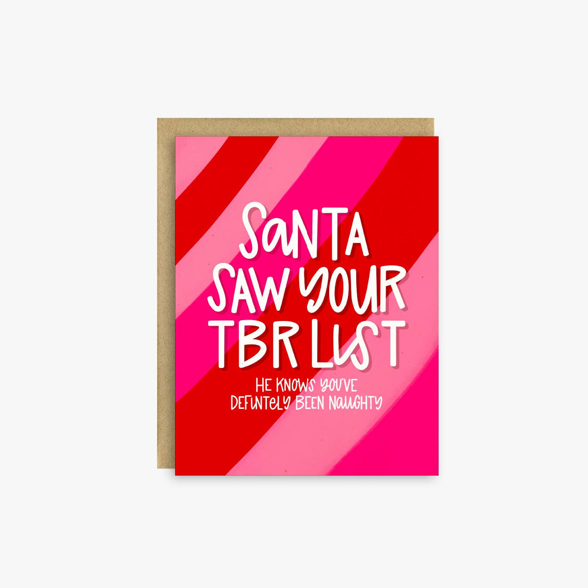 A greeting card with a bold red and pink striped design and white text reading &