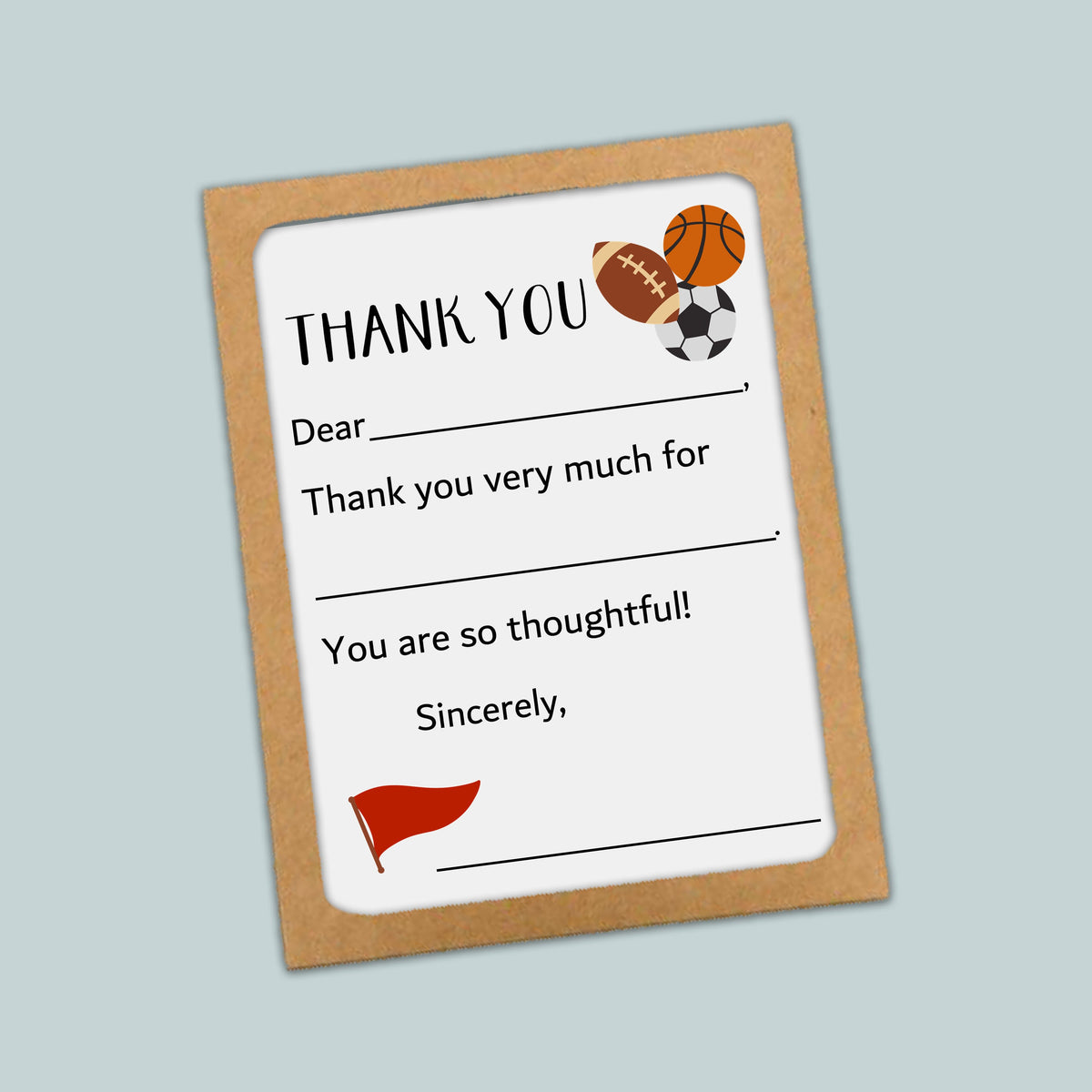 The image is a framed thank you card with a sports theme, featuring a basketball, soccer ball, and flag. The card is set against a light blue background.