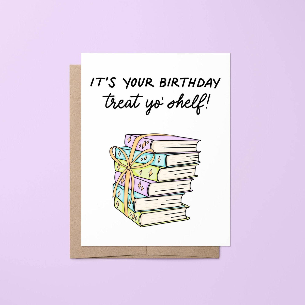 Birthday card with books and text on a purple background