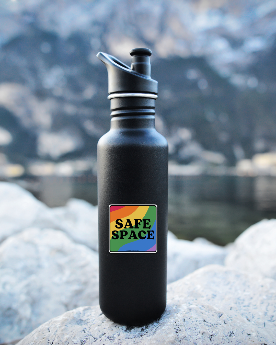 Black water bottle with a rainbow &