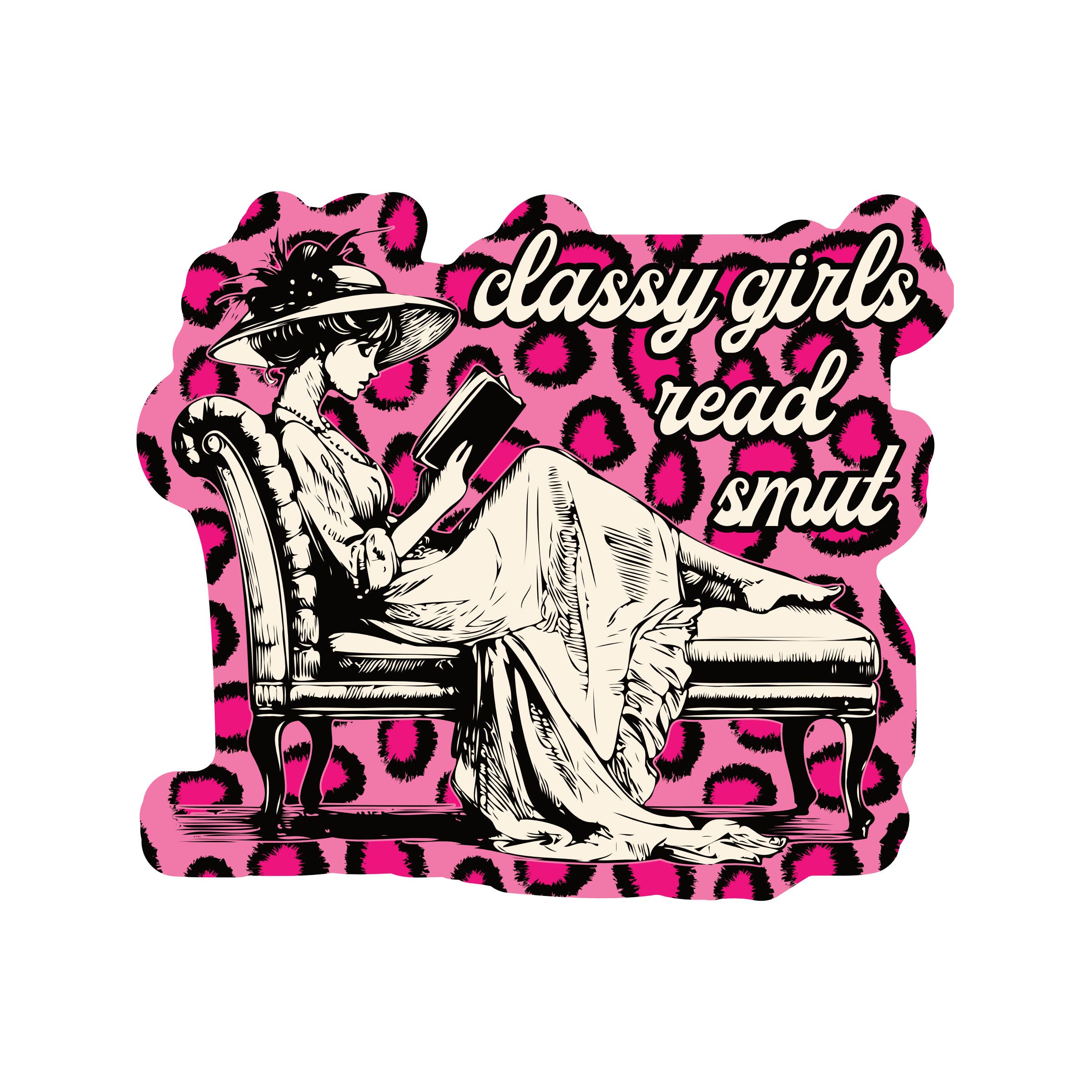 Illustration of a woman reading a book with &