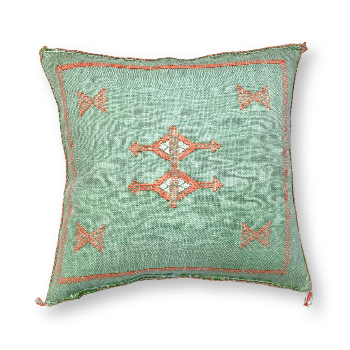Green Sabra Cactus Silk Kilim Pillow Cover | Handwoven Moroccan Home Decor