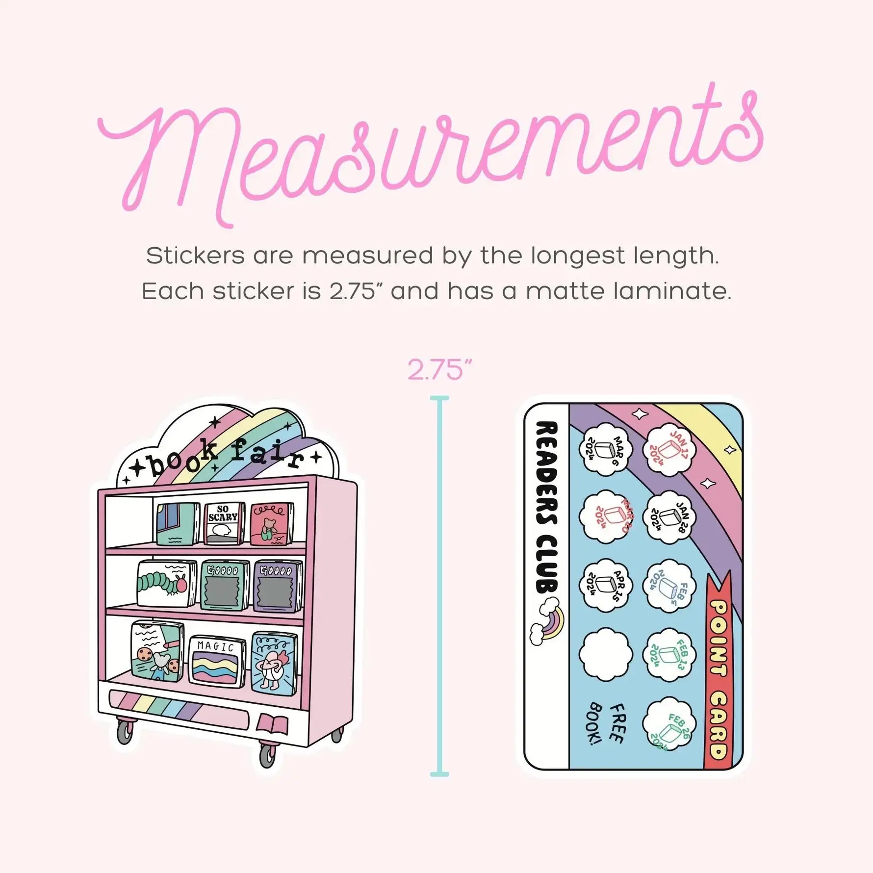 Measurement chart for stickers with a bookshelf and point card illustration on a white background.