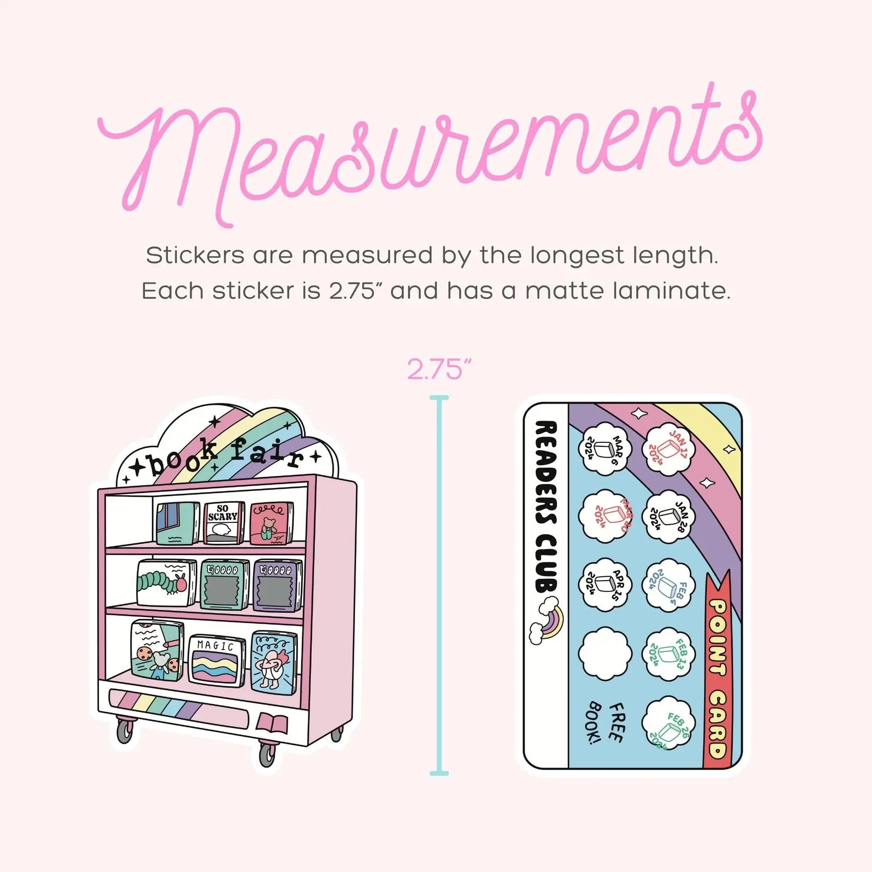 Measurement chart for stickers with a bookshelf and point card illustration on a white background.