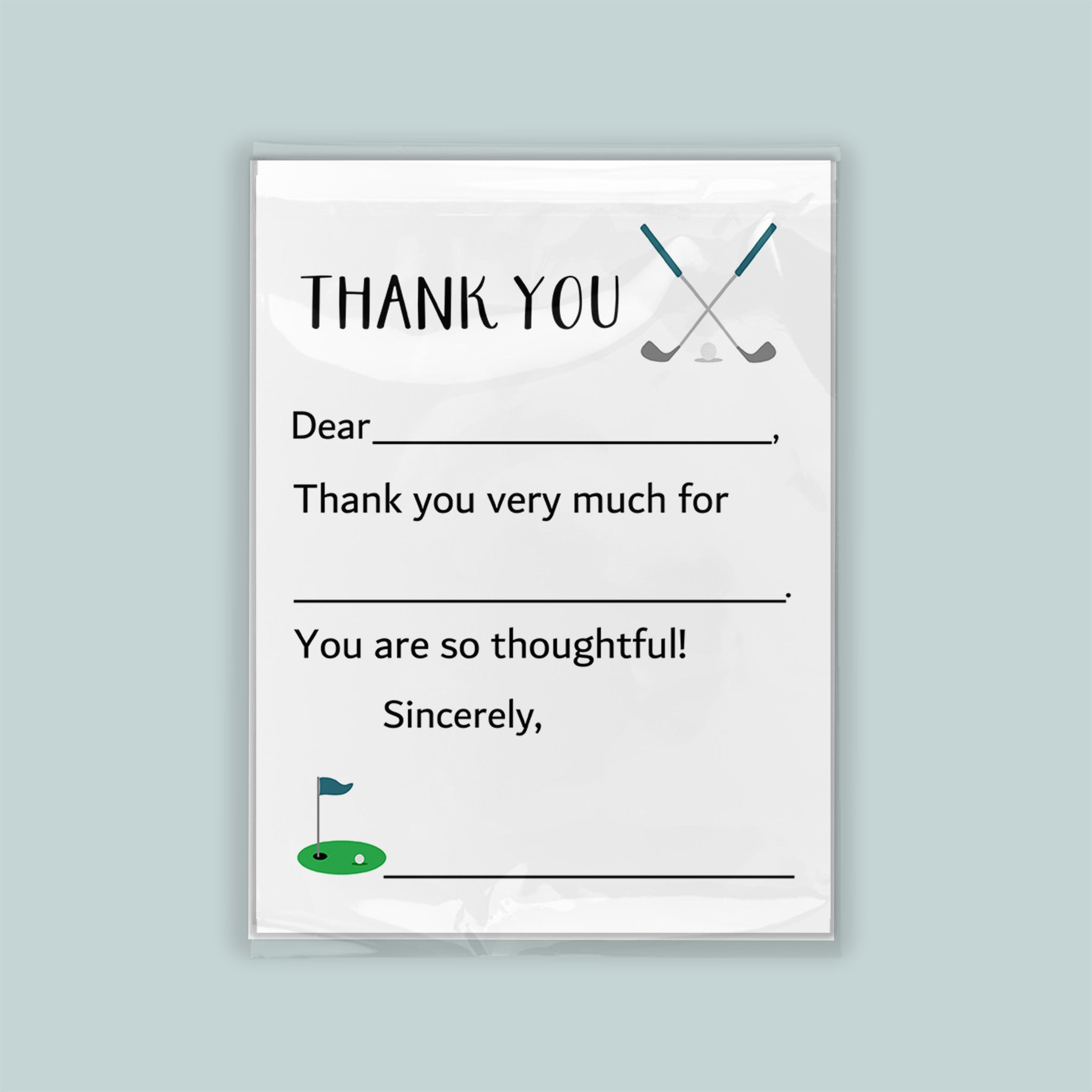The image is a white thank you card with a golf theme, featuring a golf club and a golf ball. The card is addressed to someone and expresses gratitude for their thoughtfulness.
