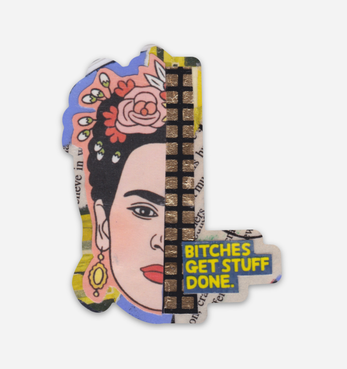A die-cut sticker featuring a stylized collage portrait of Frida Kahlo with the text &