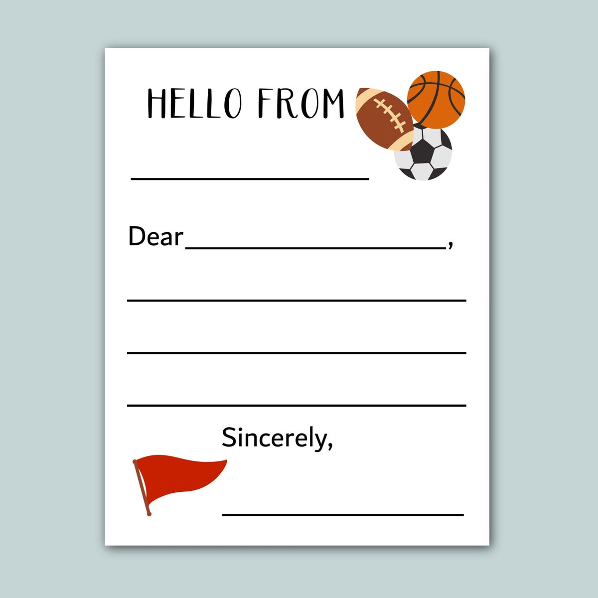 a blank letterhead with a sports ball and flag design, along with a message that reads "Hello from Sincerely".