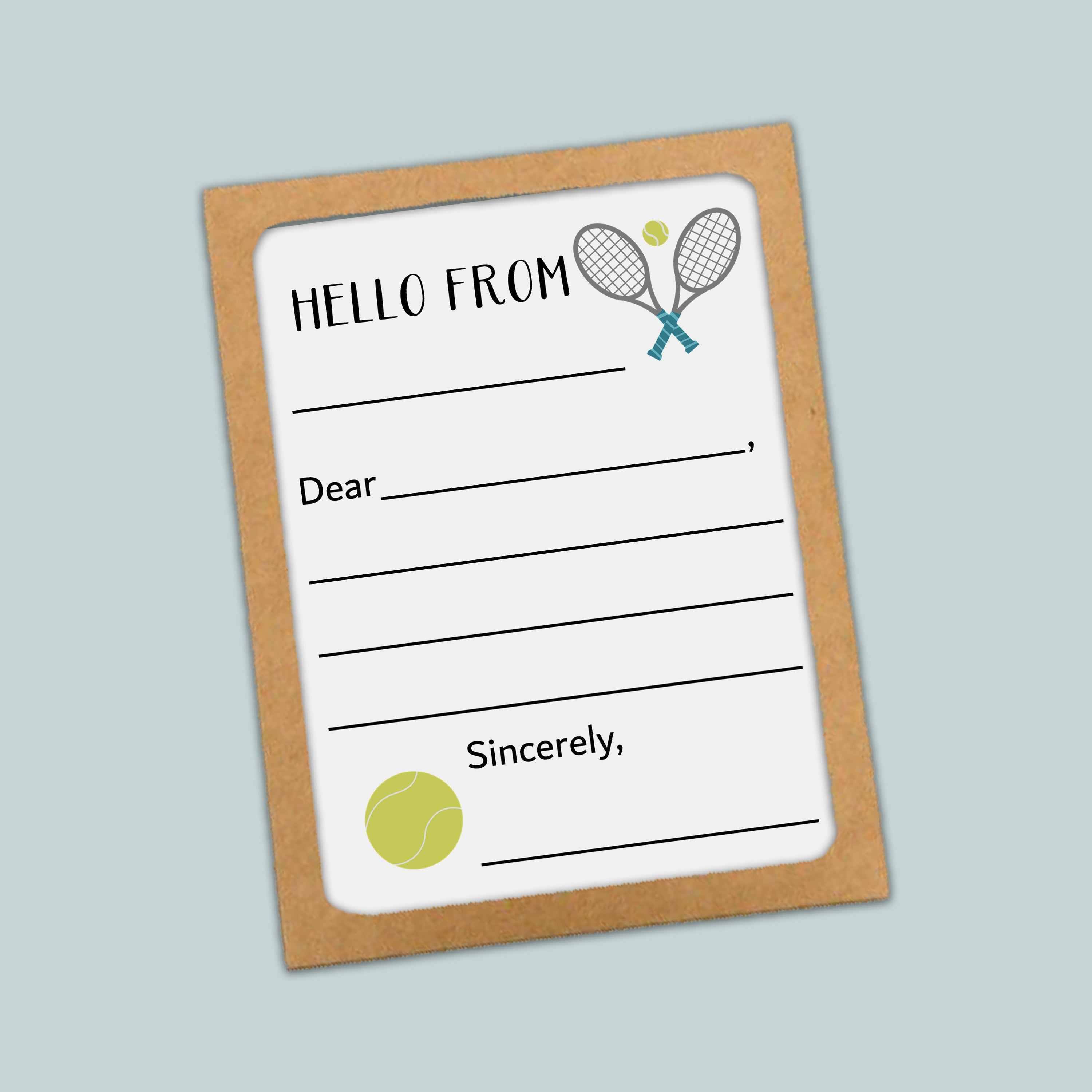 The image is a greeting card with a tennis racket and ball design, and it appears to be a letter or card addressed to someone named Dear.