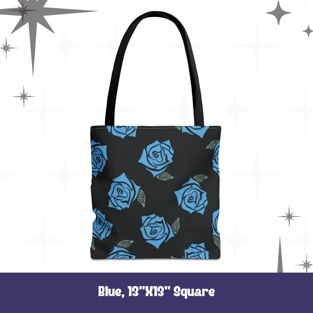 Resist Rose Pattern Tote Bag – Black Floral Statement Carryall, Blue Pink Purple Options
