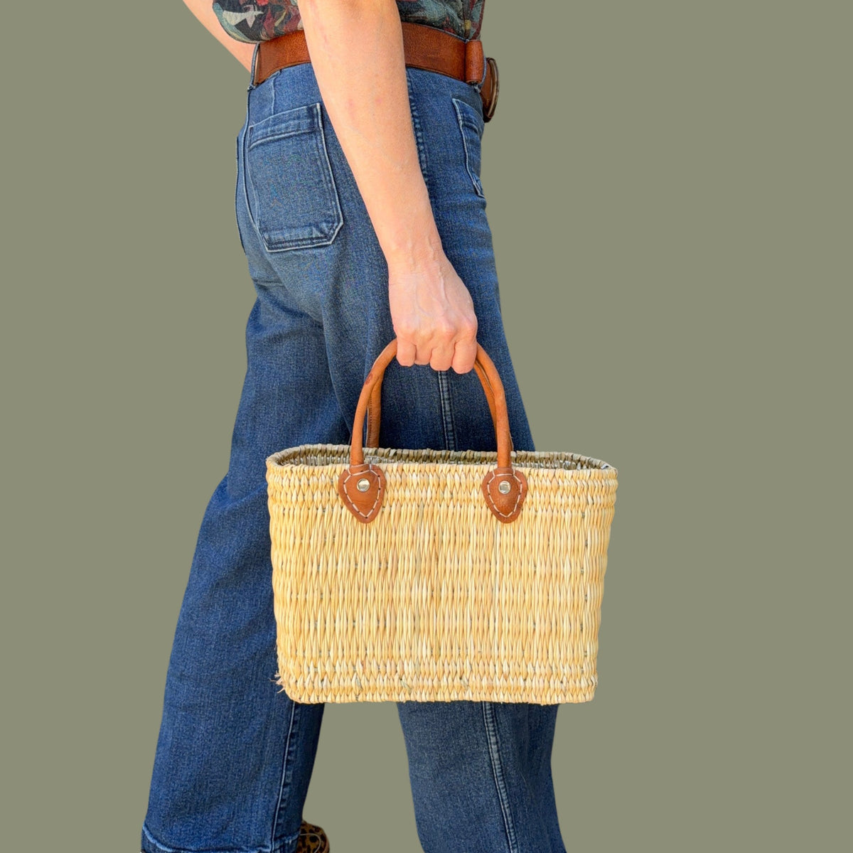 Structured Moroccan Market Basket Tote with Leather Handles