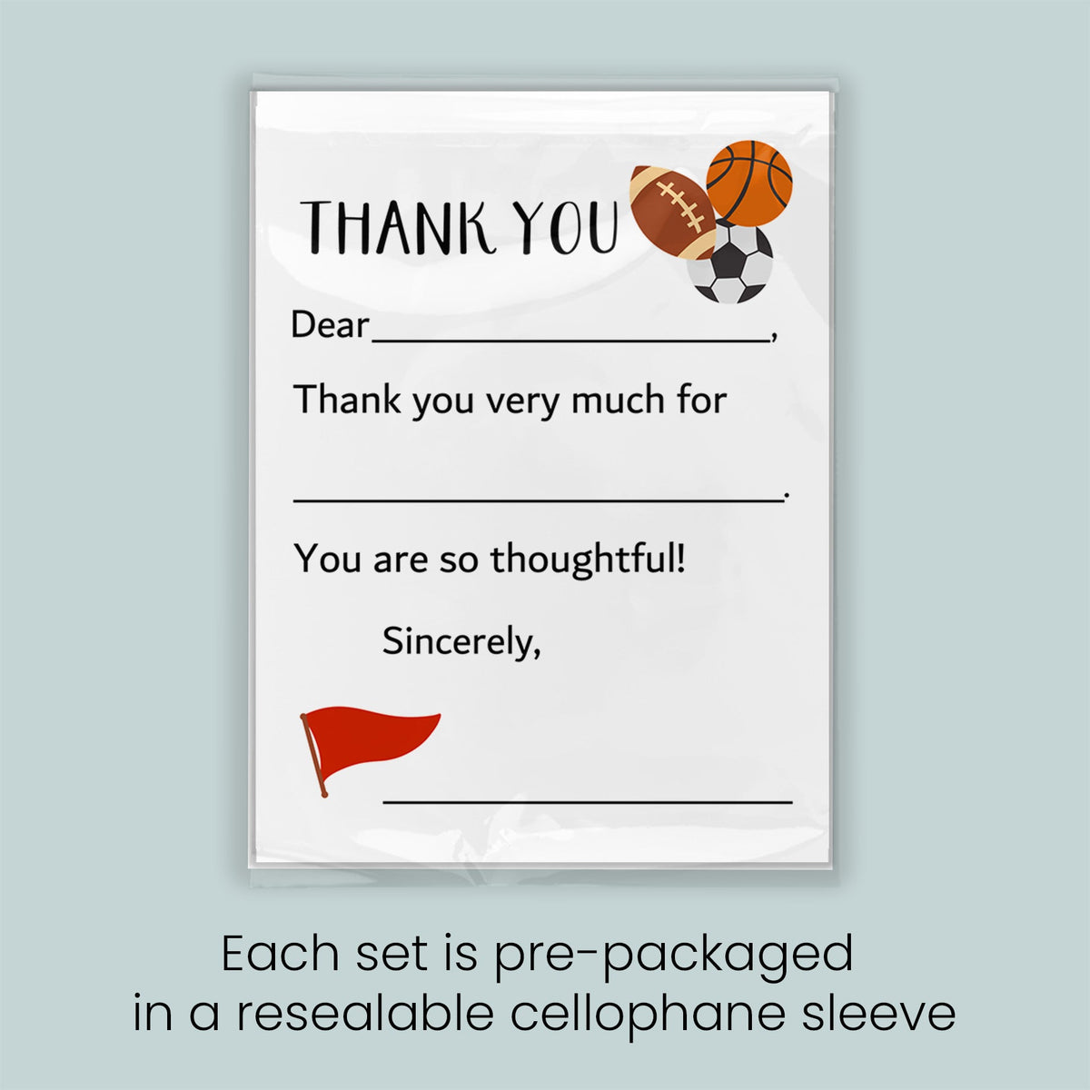 The image is a thank you card with a sports theme, featuring a basketball, soccer ball, and football. The card is pre-packaged in a resealable cellophane sleeve, and each set is pre-packaged in a resealable cellophane sleeve.