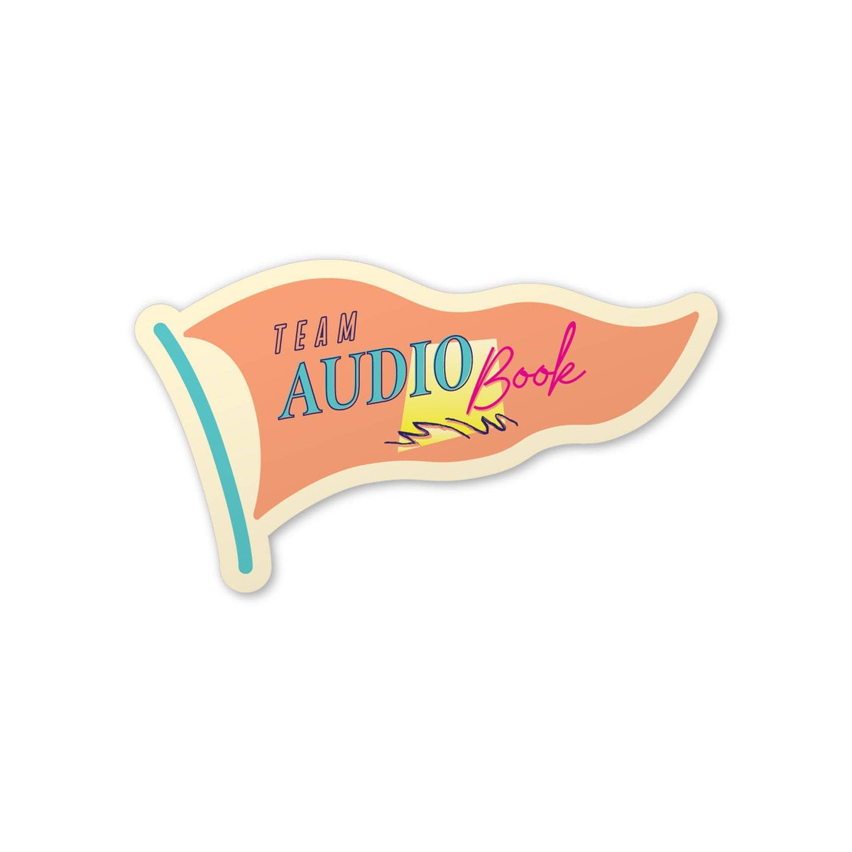 A die-cut sticker shaped like a retro wavy book cover or flag, with the words βTEAM AUDIO Bookβ in blue, pink, and purple lettering on a peach background, with a cream border and a small yellow accent, shown on a plain white background.