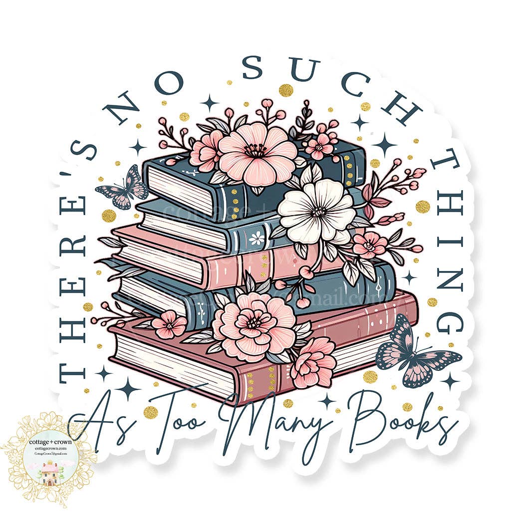 Stack of books with flowers and butterflies, surrounded by decorative text on a white background.