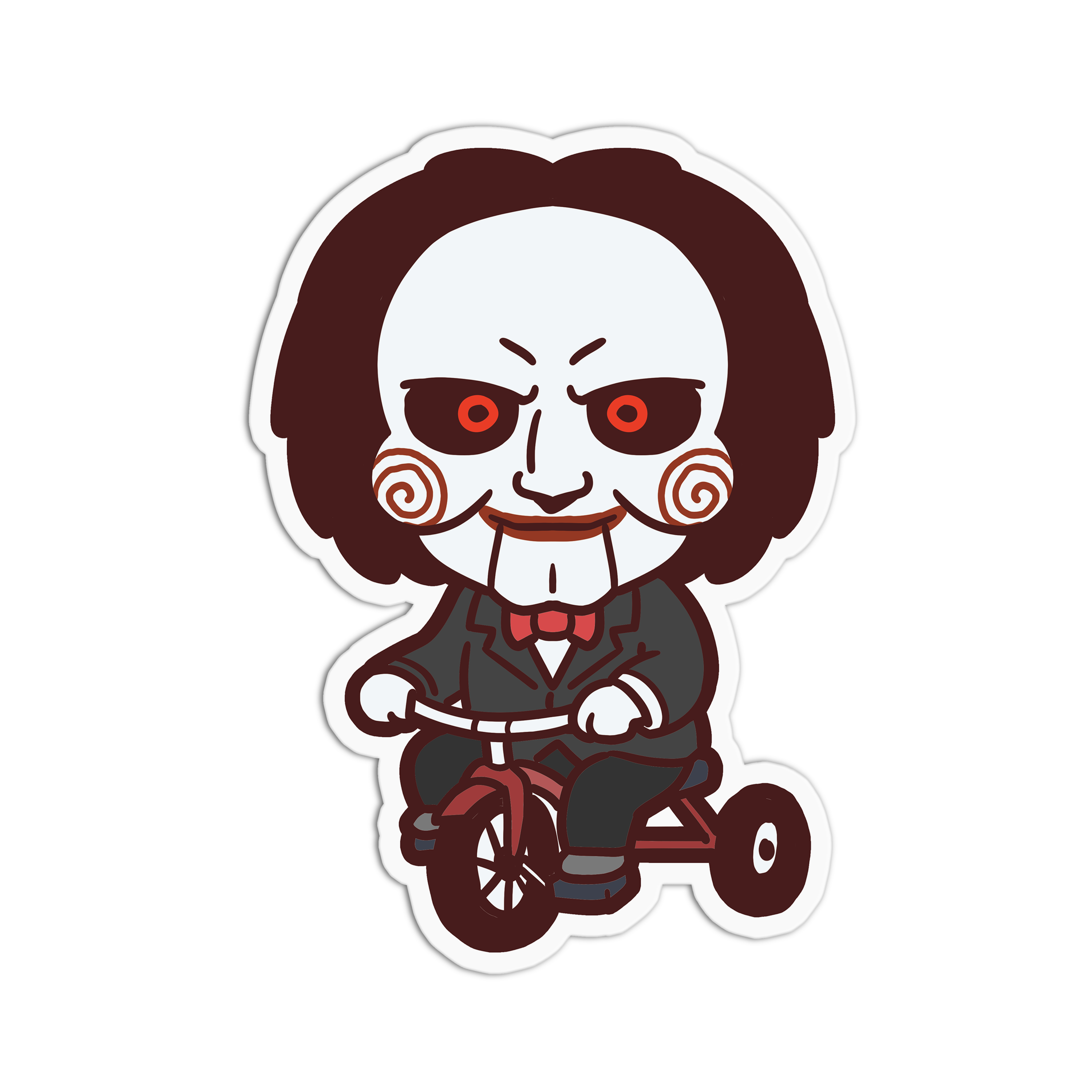 Cartoon character with red eyes and brown hair riding a tricycle on a white background