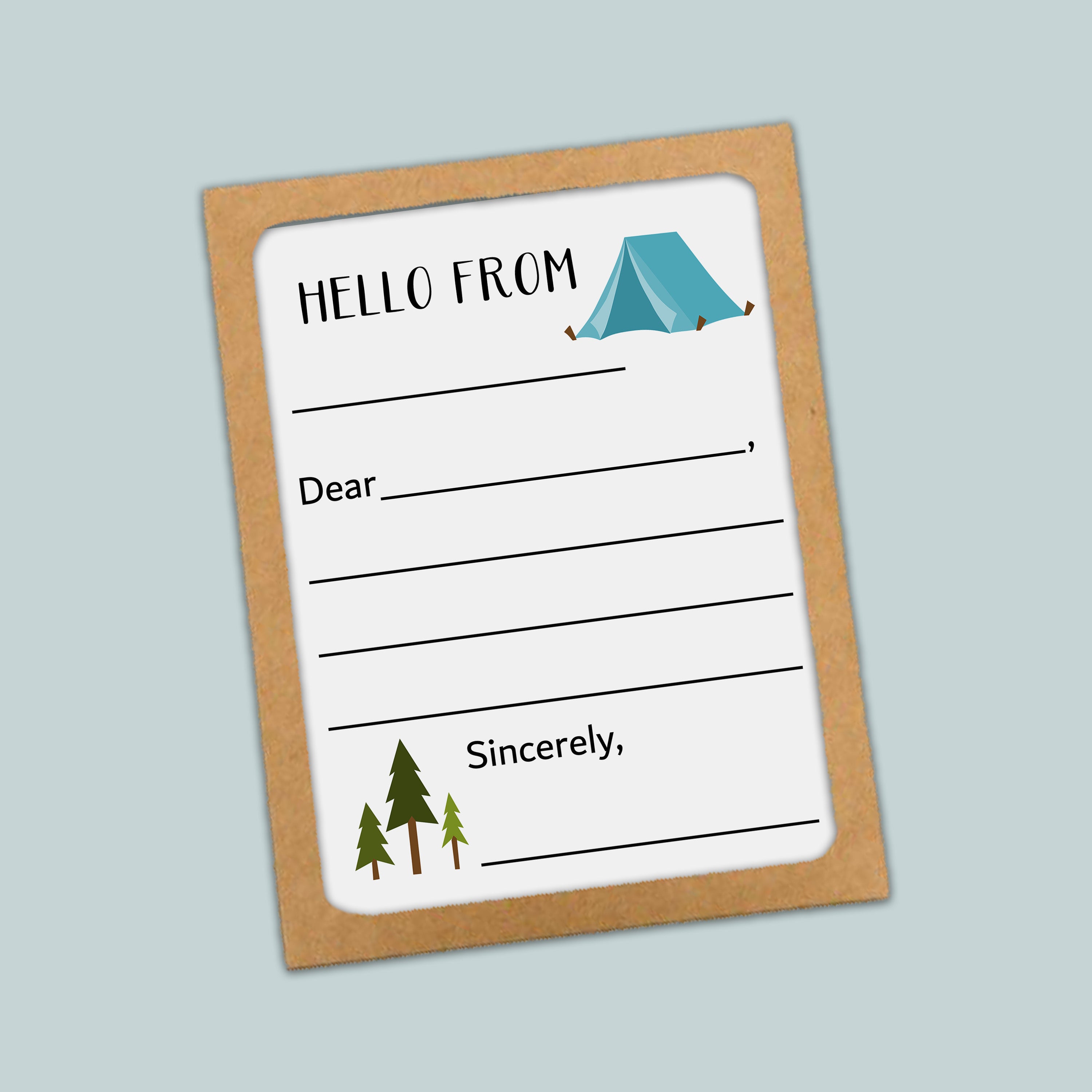 The image is a greeting card with a blank space for a message and a small illustration of a tent and pine trees.