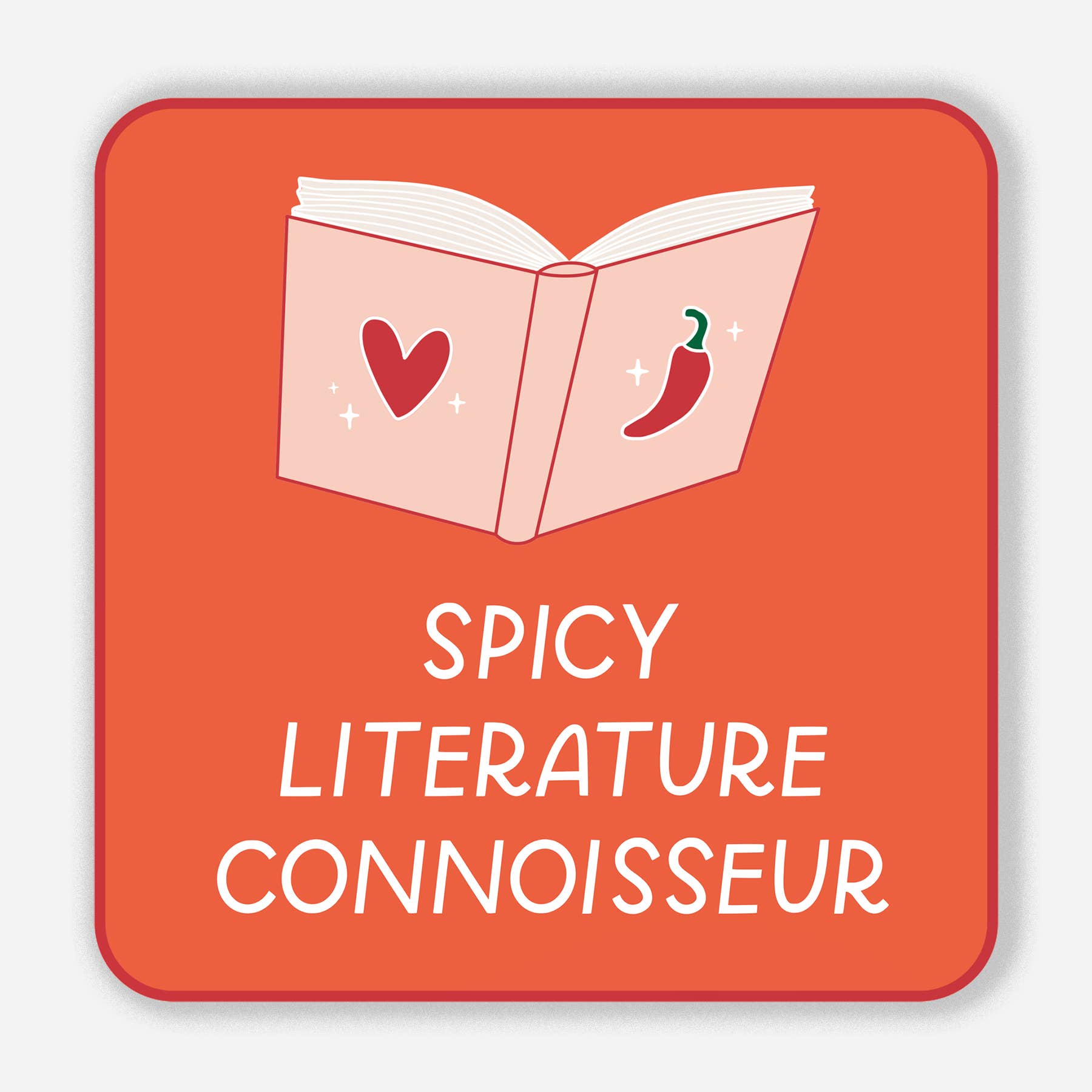 Sticker with an illustration of a book, heart, and chili pepper on an orange background with &