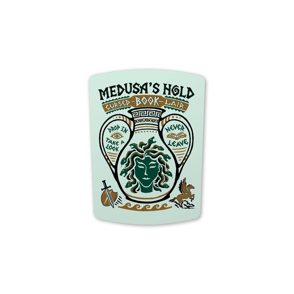 A light mint green book cover with a decorative illustration of Medusa inside a laurel wreath, with the text &