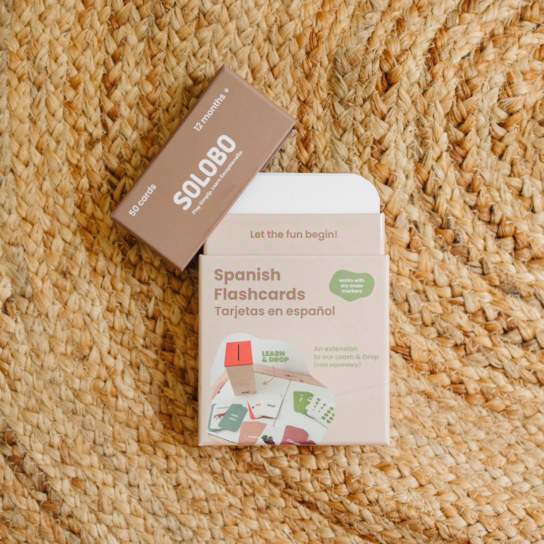 SOLOBO Spanish flashcards packaging on a textured surface