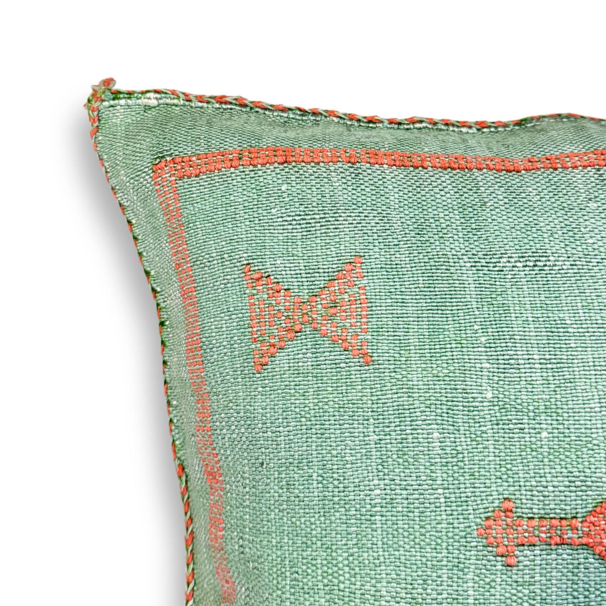 Green Sabra Cactus Silk Kilim Pillow Cover | Handwoven Moroccan Home Decor