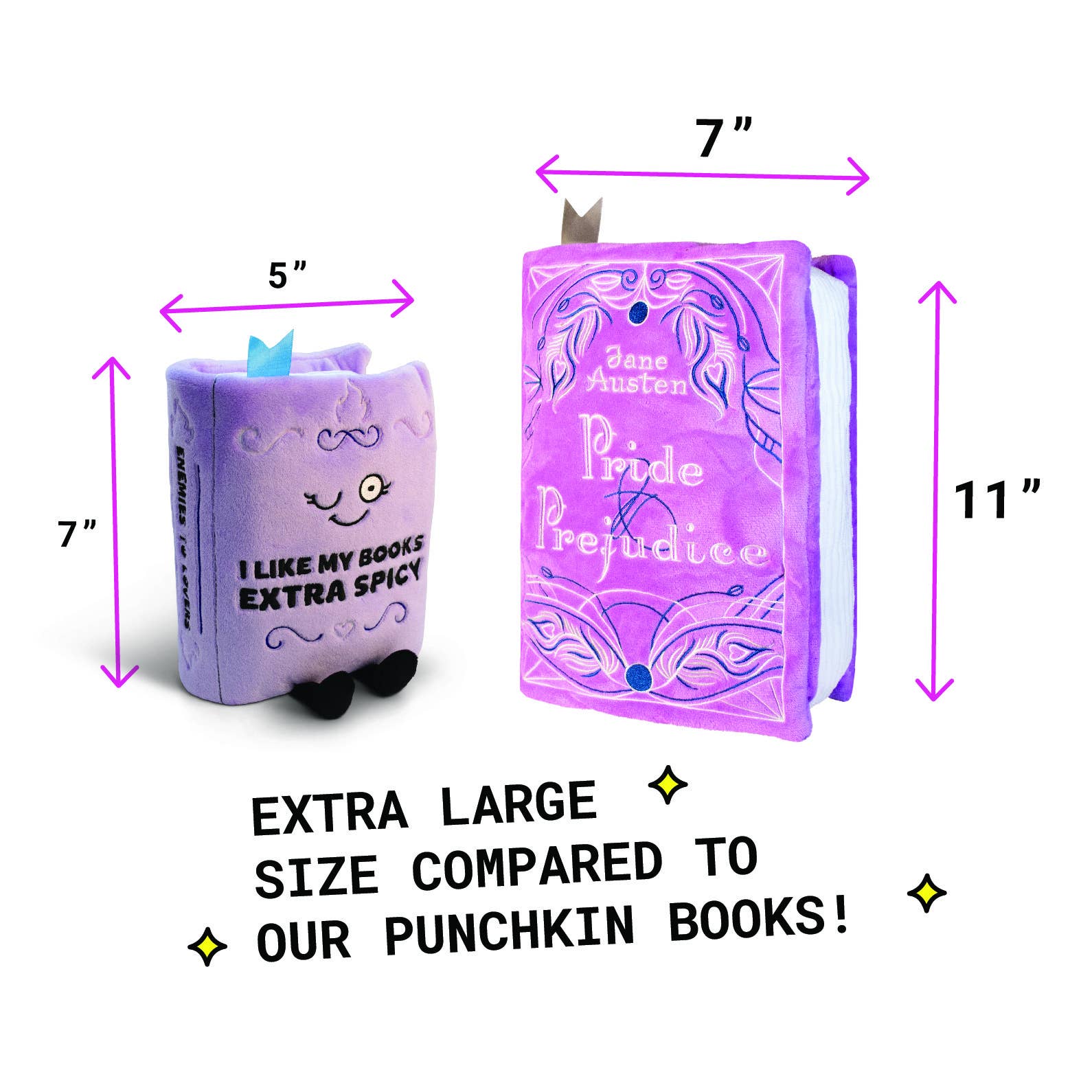 Plush toy shaped like a book with dimensions and text on a white background