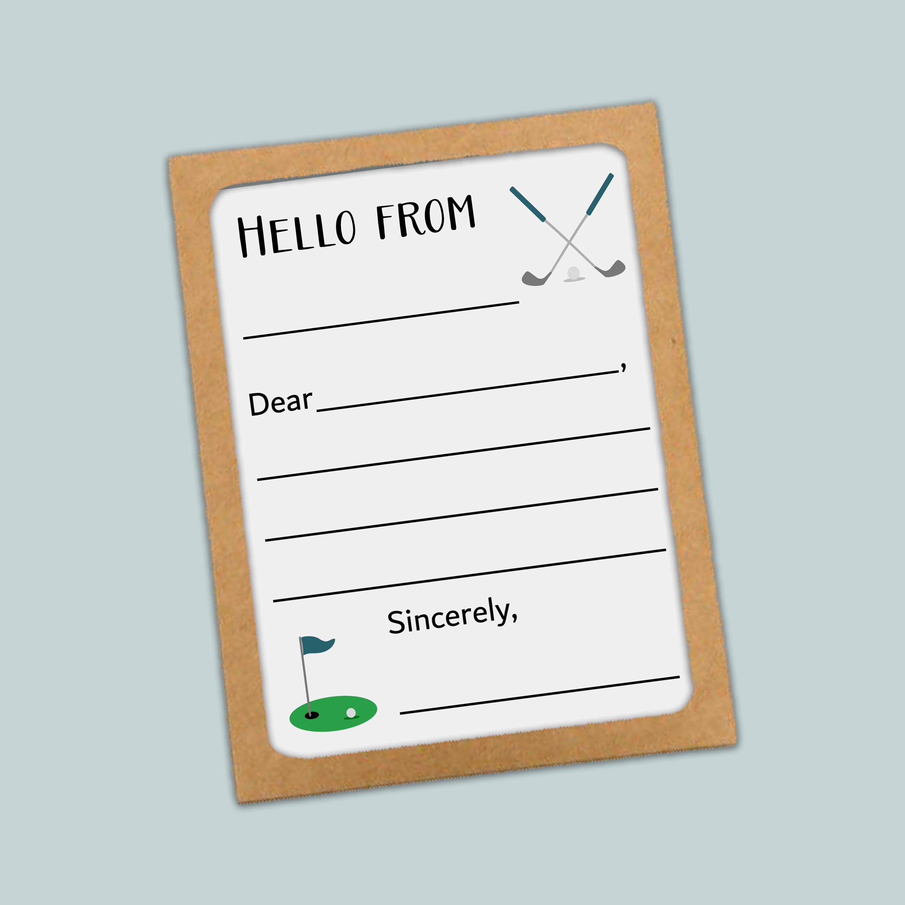 The image is a greeting card with a blank space for a message and a golf club graphic.