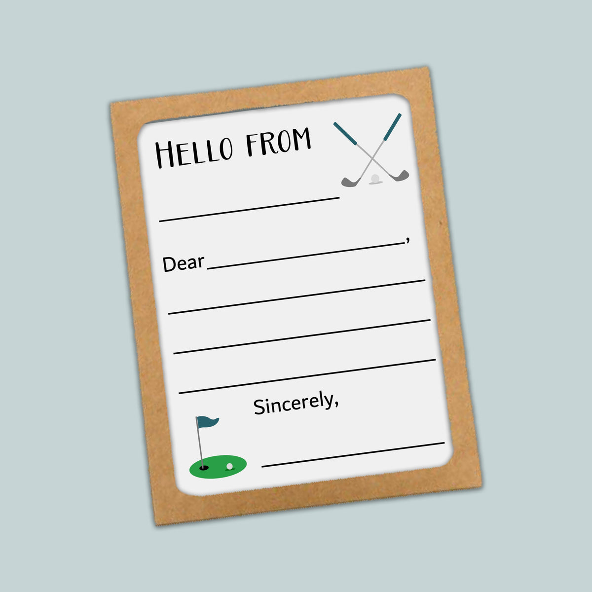 The image is a greeting card with a blank space for a message and a golf club graphic.