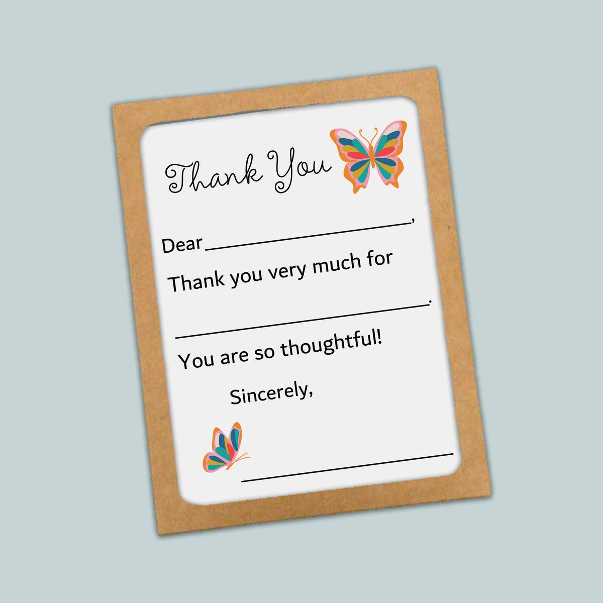The image is a simple, handwritten thank you card with a butterfly design. The card has a blank space for the recipient&