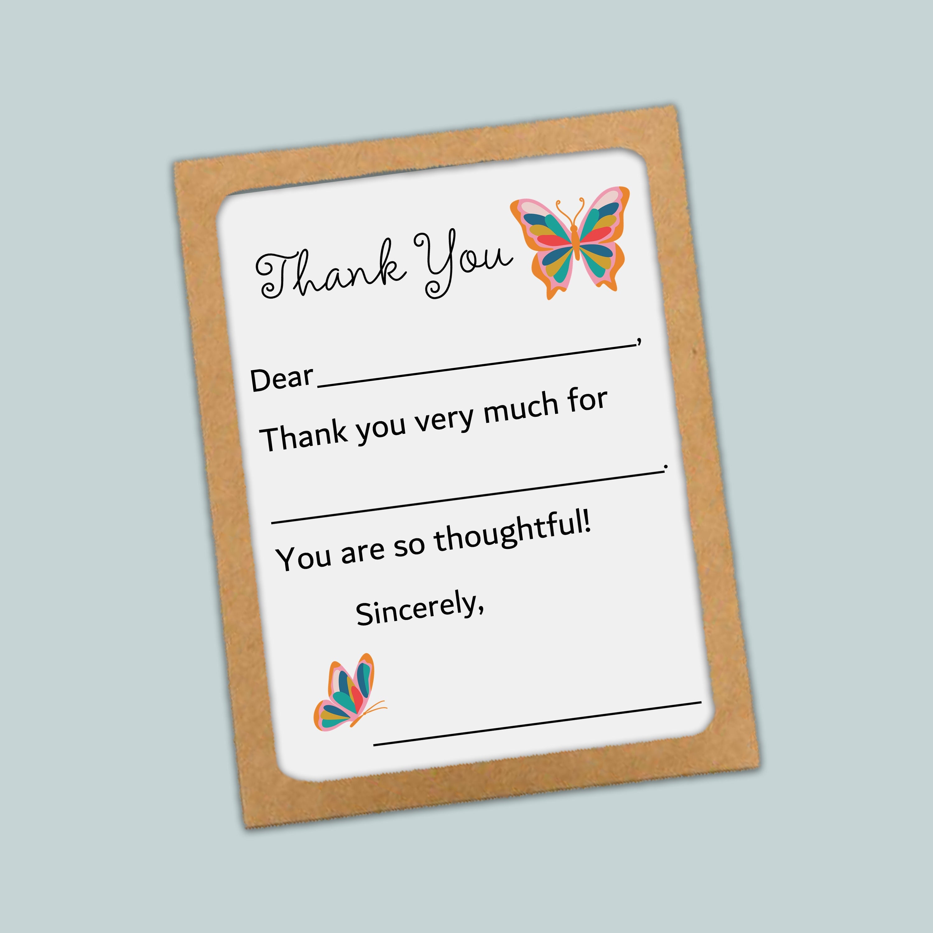 The image is a simple, handwritten thank you card with a butterfly design. The card has a blank space for the recipient&