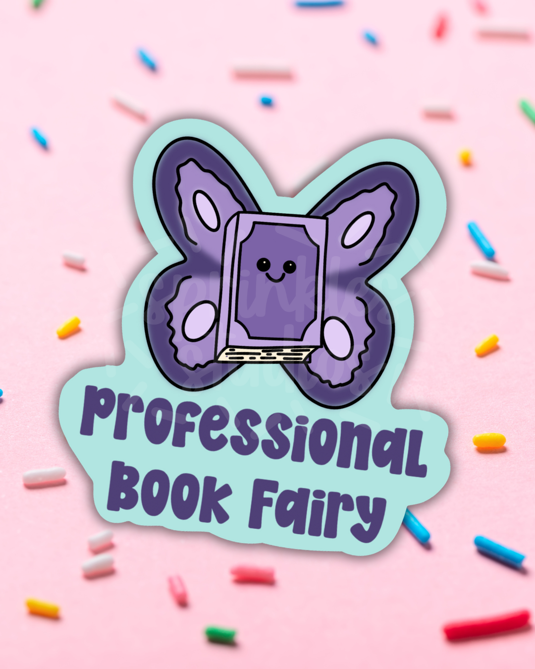 Sticker of a purple butterfly with a book and &