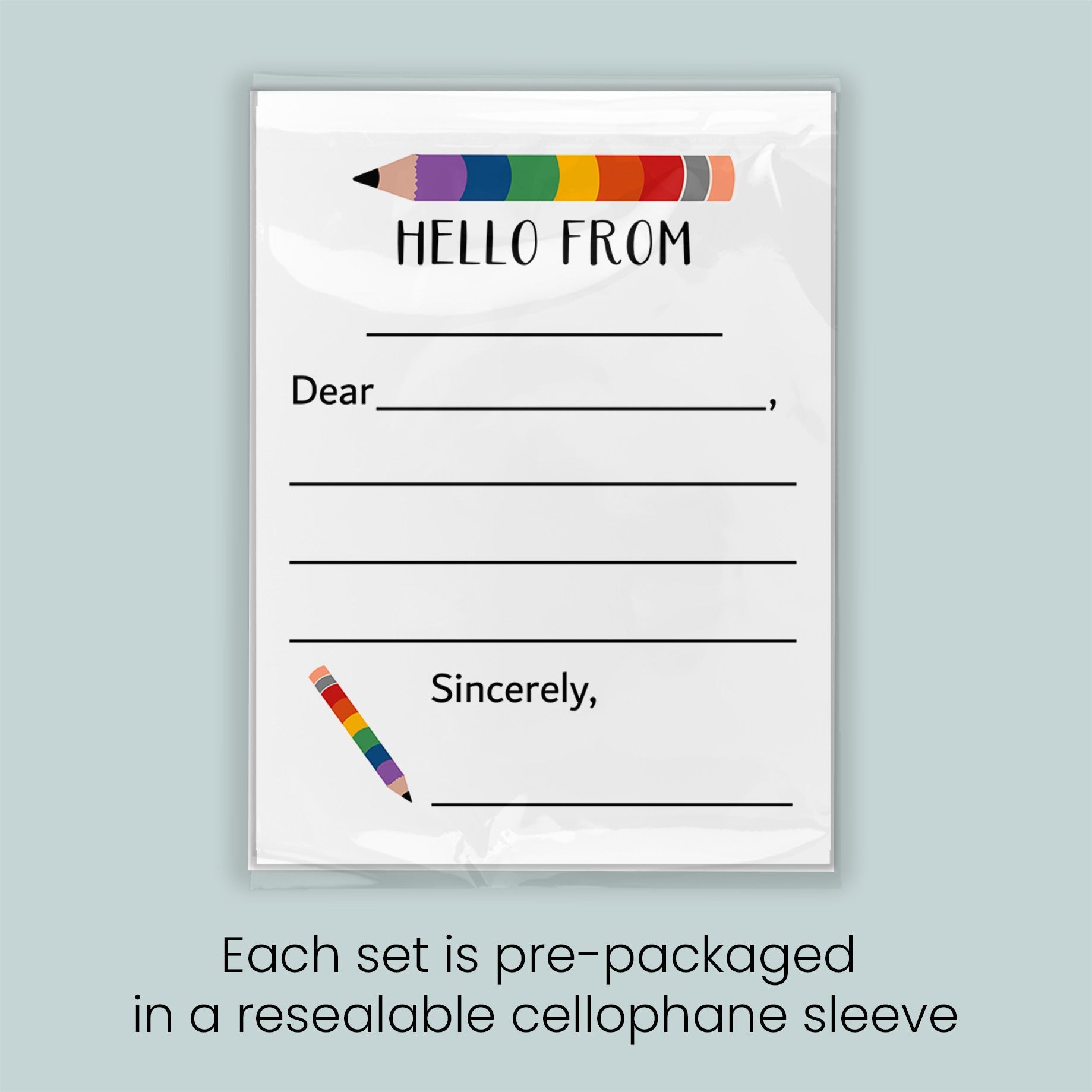 The image is a pre-packaged greeting card set that includes a blank card with a pencil and a rainbow-colored pencil, along with a note that reads "Hello from Sincerely". Each set is pre-packaged in a resealable cellophane sleeve.