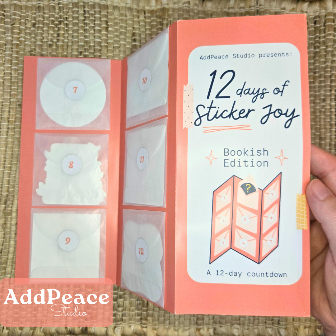 12 days of Sticker Joy Bookish Edition packaging with AddPeace Studio branding.