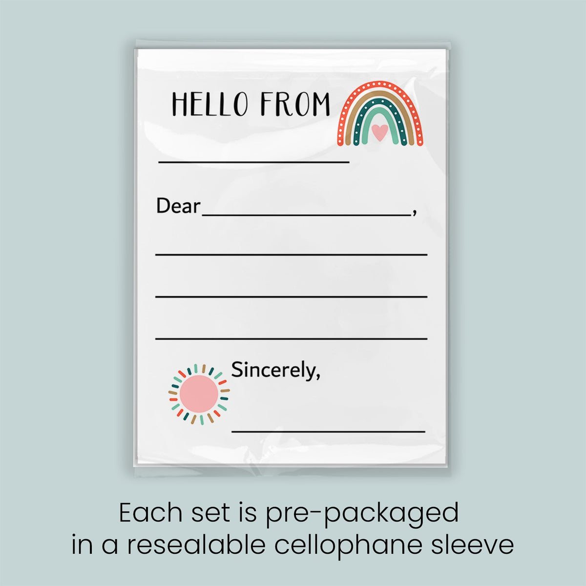 The image is a greeting card with a rainbow design and a blank space for a message. Each set is pre-packaged in a resealable cellophane sleeve.