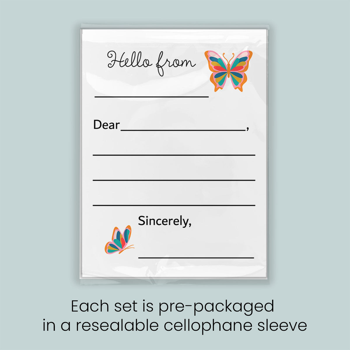 The image is a pre-packaged letter set, each set is pre-packaged in a resealable cellophane sleeve.