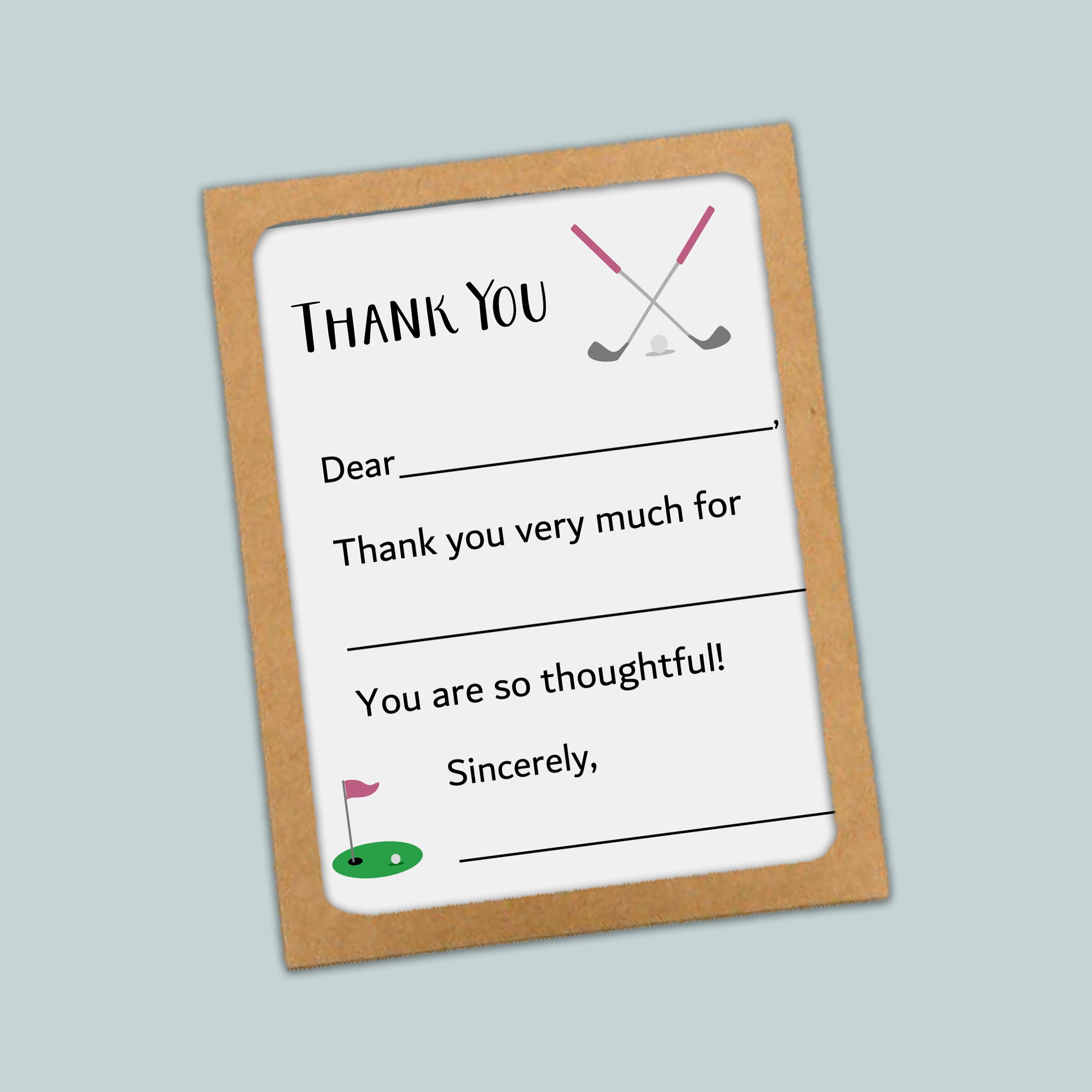 The image is a thank you card with a golf-themed design, including a golf club and a flag. The card has a blank space for a message and a blank space for a recipient&