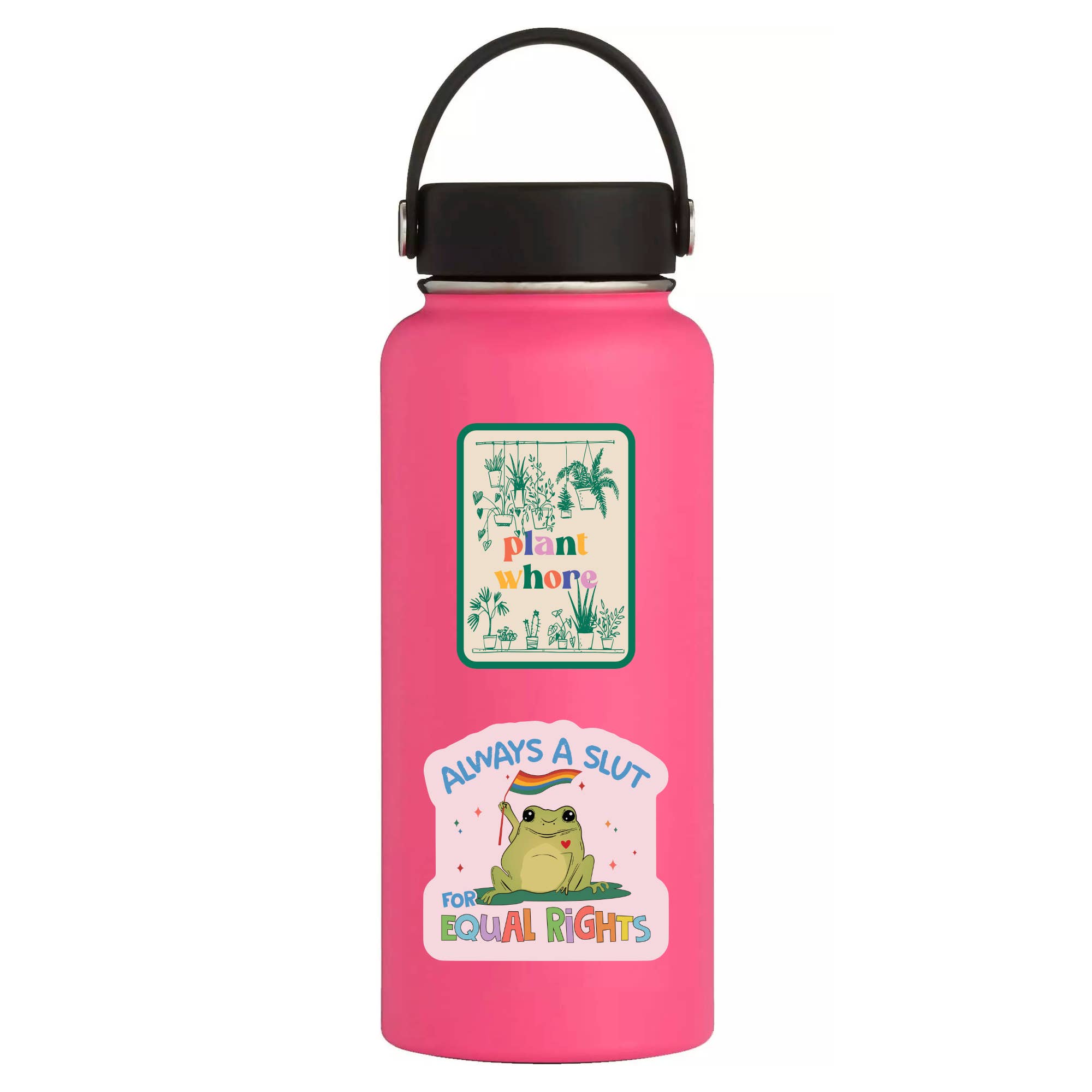 Pink water bottle with stickers on a white background