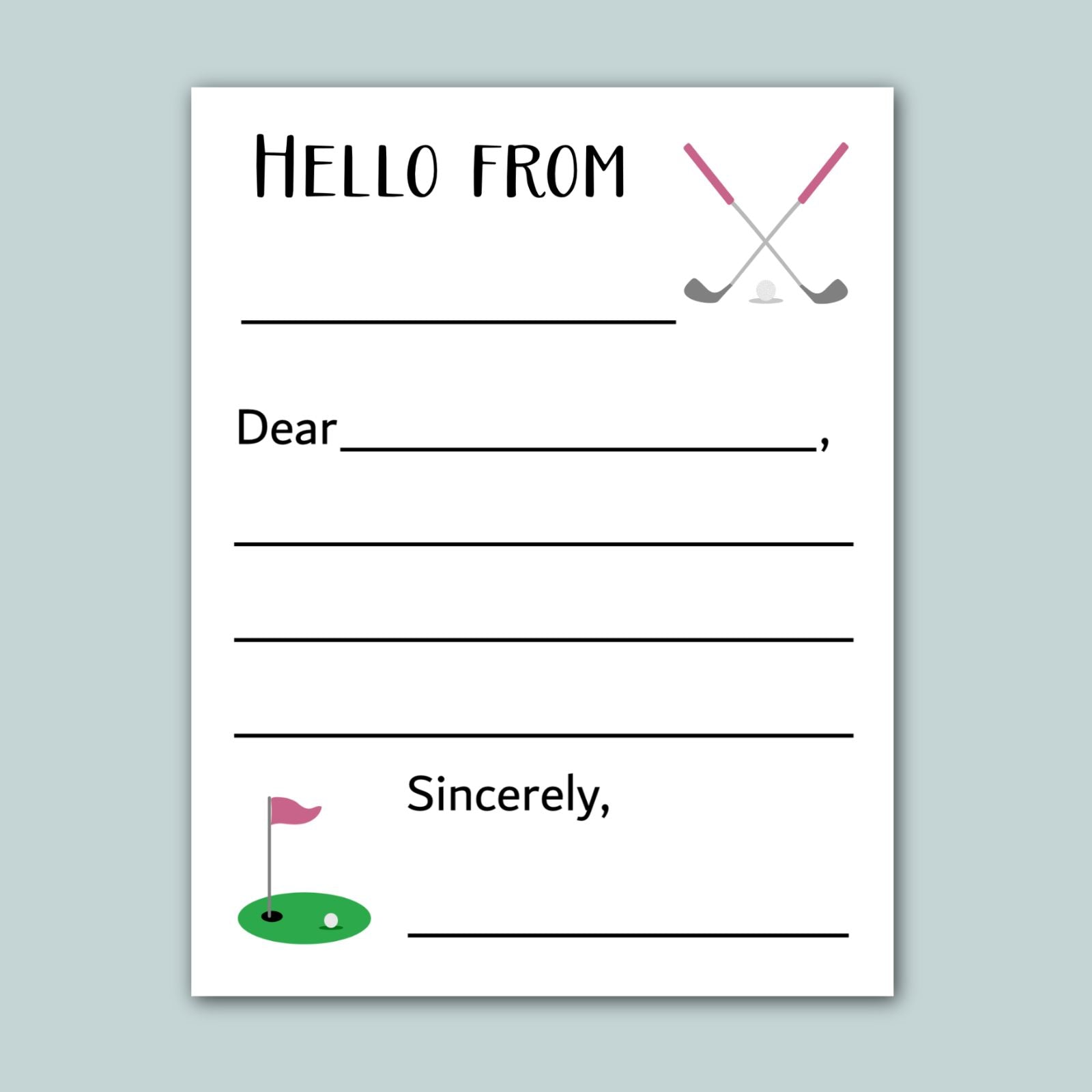 The image is a blank greeting card with a golf hole and two crossed golf clubs as the main design elements. The card has a blank space for a message and a blank space for a signature.