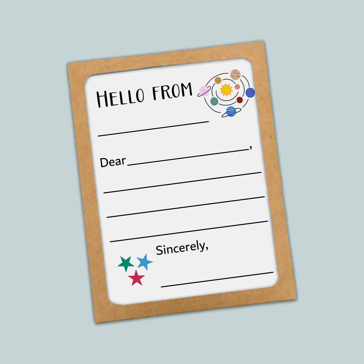 The image is a greeting card with a space-themed design, featuring a solar system and stars. The card has a blank space for a message and a space-themed border.